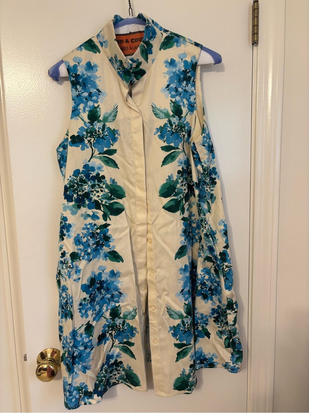 Tuckernuck Cream Sleeveless Shirt Dress with Blue Floral Print